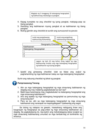54
4. Kapag kumpleto na ang checklist ng iyong pangkat, makipag-usap sa
ibang pangkat.
5. Ihambing ang kabihasnan inyong pangkat at sa kabihasnan ng ibang
pangkat.
6. Muling gamitin ang checklist at sundin ang sumusunod na panuto:
Geography Checklist
Kabihasnan:
Katangiang Heograpikal:
1
2
3
7. Ipaskil ang ginawang checklist. Iulat sa klase ang output ng
paghahambing ng mga kabihasnan batay sa mga katangiang heograpikal .
Suriin ang nabuong checklist ng lahat ng pangkat.
Pamprosesong Tanong
1. Alin sa mga katangiang heograpikal ng mga sinaunang kabihasnan ng
daigdig ang may malaking pagkakatulad sa isa’t isa?
2. Bakit kaya karaniwang may magkakatulad na katangiang heograpikal ang
mga sinaunang kabihasnan?
3. Ano ang epekto ng mga katangiang heograpikal sa pamumuhay ng mga
sinaunang tao?
4. Para sa iyo, alin sa mga katangiang heograpikal ng mga sinaunang
kabihasnan ang nararapat na mapangalagaan? Ipaliwanag ang sagot.
Isulat ang pangatlong
kabihasnang ihahambing
Magtala ng 5 hanggang 10 katangiang heograpikal
ng kabihasnang nakatalaga sa pangkat.
Lagyan ng tsek (√) ang kahon kung taglay ng mga
kabihasnang tinukoy ang mga katangiang heograpikal
ng kabihasnan ng inyong pangkat.
Isulat ang pangalawang
kabihasnang ihahambing
Sa tulong ng natapos na gawain, inaasahang nabigyang linaw ang
kaugnayan ng heograpiya sa pag-unlad ng mga sinaunang kabihasnan sa
daigdig. Sa pagkakataong ito, iisa-isahin ang mahahalagang datos tungkol sa
mga sinaunang kabihasnang umunlad sa mga lambak-ilog at kontinente ng
America.
 