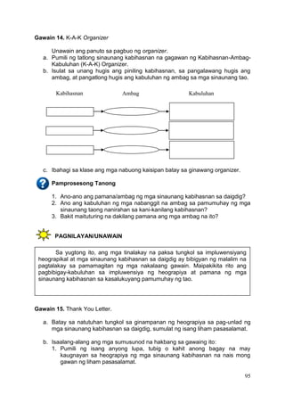 95
Gawain 14. K-A-K Organizer
Unawain ang panuto sa pagbuo ng organizer.
a. Pumili ng tatlong sinaunang kabihasnan na gagawan ng Kabihasnan-Ambag-
Kabuluhan (K-A-K) Organizer.
b. Isulat sa unang hugis ang piniling kabihasnan, sa pangalawang hugis ang
ambag, at pangatlong hugis ang kabuluhan ng ambag sa mga sinaunang tao.
c. Ibahagi sa klase ang mga nabuong kaisipan batay sa ginawang organizer.
Pamprosesong Tanong
1. Ano-ano ang pamana/ambag ng mga sinaunang kabihasnan sa daigdig?
2. Ano ang kabuluhan ng mga nabanggit na ambag sa pamumuhay ng mga
sinaunang taong nanirahan sa kani-kanilang kabihasnan?
3. Bakit maituturing na dakilang pamana ang mga ambag na ito?
PAGNILAYAN/UNAWAIN
a.
Gawain 15. Thank You Letter.
a. Batay sa natutuhan tungkol sa ginampanan ng heograpiya sa pag-unlad ng
mga sinaunang kabihasnan sa daigdig, sumulat ng isang liham pasasalamat.
b. Isaalang-alang ang mga sumusunod na hakbang sa gawaing ito:
1. Pumili ng isang anyong lupa, tubig o kahit anong bagay na may
kaugnayan sa heograpiya ng mga sinaunang kabihasnan na nais mong
gawan ng liham pasasalamat.
Kabihasnan Ambag Kabuluhan
Sa yugtong ito, ang mga tinalakay na paksa tungkol sa impluwensiyang
heograpikal at mga sinaunang kabihasnan sa daigdig ay bibigyan ng malalim na
pagtalakay sa pamamagitan ng mga nakalaang gawain. Maipakikita rito ang
pagbibigay-kabuluhan sa impluwensiya ng heograpiya at pamana ng mga
sinaunang kabihasnan sa kasalukuyang pamumuhay ng tao.
 