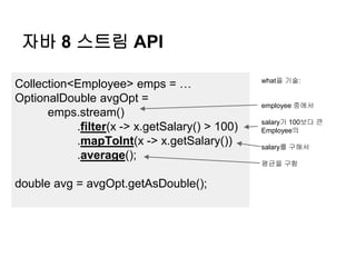 자바 8 스트림 API
Collection<Employee> emps = …
OptionalDouble avgOpt =
emps.stream()
.filter(x -> x.getSalary() > 100)
.mapToI...