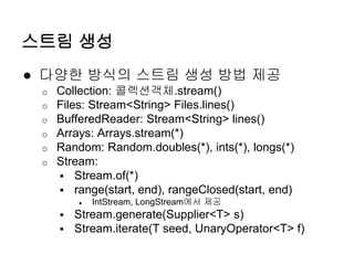 스트림 생성
● 다양한 방식의 스트림 생성 방법 제공
o Collection: 콜렉션객체.stream()
o Files: Stream<String> Files.lines()
o BufferedReader: Stream<...