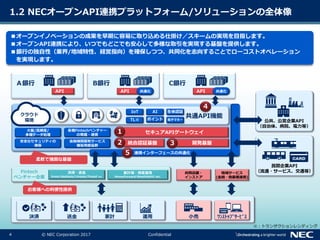 4 © NEC Corporation 2017 Confidential
公共、公営企業API
（自治体、病院、電力等）
■オープンイノベーションの成果を早期に容易に取り込める仕掛け／スキームの実現を目指します。
■オープンAPI連携により、いつでもどこでも安心して多様な取引を実現する基盤を提供します。
■銀行の独自性（業界/地域特性、経営指向）を確保しつつ、共同化を志向することでローコストオペレーション
を実現します。
1.2 NECオープンAPI連携プラットフォーム/ソリューションの全体像
民間企業API
（流通・サービス、交通等）
共通API機能
決済
セキュアAPIゲートウェイ
決済・送金
brees/Applepay/Linepay/Paypal etc.
家計簿・資産運用
MoneyForward/WealthNAVI etc.
共同店舗・
インストア
開発基盤
Fintech
ベンチャー企業
地域サービス
(金融・他業種連携)
統合認証基盤
送金 家計 運用
API
Ａ銀行
大量/高頻度/
多種データ処理
安全なセキュリティの
確保
各種Fintechベンチャー
の発掘・連携
金融機関固有サービス
構築用部品群
お客様への利便性提供
柔軟で強固な基盤
小売 ﾜﾝｽﾄｯﾌﾟｻｰﾋﾞｽ
AIIoT
TL※
生体認証
電子マネーポイント
API
B銀行
共通化 API
C銀行
共通化
クラウド
環境
１
２ ３
４
連携インターフェースの共通化５
※：トランザクションレンディング
 