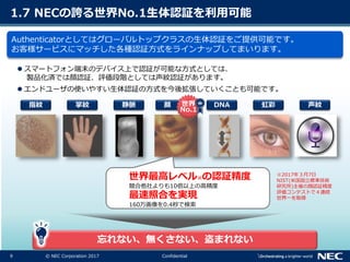 9 © NEC Corporation 2017 Confidential
1.7 NECの誇る世界No.1生体認証を利用可能
Authenticatorとしてはグローバルトップクラスの生体認証をご提供可能です。
お客様サービスにマッチした各種認証方式をラインナップしてまいります。
 スマートフォン端末のデバイス上で認証が可能な方式としては、
製品化済では顏認証、評価段階としては声紋認証があります。
 エンドユーザの使いやすい生体認証の方式を今後拡張していくことも可能です。
指紋 顔掌紋 DNA 虹彩静脈
忘れない、無くさない、盗まれない
声紋世界
No.1
世界最高レベル※の認証精度
競合他社よりも10倍以上の高精度
最速照合を実現
160万画像を0.4秒で検索
※2017年３月7日
NIST(米国国立標準技術
研究所)主催の顔認証精度
評価コンテストで４連続
世界一を取得
 