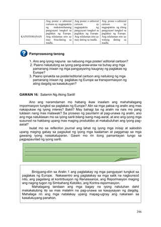 296
KATOTOHANAN
Ang poster o editorial
cartoon ay nagpapakita
ng makatotohanang
pangyayari tungkol sa
paglakas ng Europe.
Ang nilalaman nito ay
may bisa/dating sa
madla.
Ang poster o editorial
cartoon ay
nagpapakita ng
pangyayari tungkol sa
paglakas ng Europe.
Ang nilalaman nito ay
may dating sa madla.
Ang poster o editorial
cartoon ay
nagpapakita ng iilang
pangyayari tungkol sa
paglakas ng Europe.
Ang nilalaman nito ay
walang dating sa
madla.
Pamprosesong tanong
1. Ano ang iyong napuna sa nabuong mga poster/ editorial cartoon?
2. Paano nakatulong sa iyong pang-araw-araw na buhay ang mga
pamanang iniwan ng mga pangyayaring kaugnay ng paglakas ng
Europe?
3. Paano ipinakita sa poster/editorial cartoon ang naitulong ng mga
pamanang iniwan ng paglakas ng Europe sa transpormasyon ng
ating daigdig sa kasalukuyan?
GAWAIN 16: Salamin Ng Aking Sarili!
Ano ang naramdaman mo habang ikaw inaalam ang mahahalagang
impormasyon tungkol sa paglakas ng Europe? Alin sa mga paksa ng aralin ang mas
nakapukaw ng iyong interes? Bakit? May bahagi ba ng aralin na nais mo pang
tuklasin nang mas malawak? Sa proseso ng paunlarin at pag-unawa ng aralin, ano
ang mga natuklasan mo sa iyong sarili bilang isang mag-aaral, at ano ang iyong mga
susunod na hakbang upang mas maging produktibo at makabuluhan ang iyong pag-
aaral?
Isulat mo sa reflection journal ang lahat ng iyong mga iniisip at saloobin
upang maging gabay sa pagsukat ng iyong mga kaalaman at pagganap sa mga
gawaing iyong naisakatuparan. Gawin mo rin itong pamantayan tungo sa
pagpapaunlad ng iyong sarili.
_____________________________________________________________________
_____________________________________________________________________
_____________________________________________________________________
_____________________________________________________________________
_____________________________________________________________________
_____________________________________________________________________
______
Binigyang-diin sa Aralin 1 ang pagtalakay ng mga pangyayari tungkol sa
paglakas ng Europe. Nakasentro ang pagtalakay sa mga salik na nagbunsod
nito, ang pagsilang at kontribusyon ng Renaissance, ang Repormasyon maging
ang naging tugon ng Simbahang Katoliko, ang Kontra-repormasyon.
Mahalagang tandaan ang mga bagay na iyong natutuhan dahil
makakatulong ito sa mas malalim na pag-unawa sa kasaysayan ng daigdig.
Mahalaga rin ang mga natalakay upang mapag-ugnay ang nakaraan sa
kasalukuyang panahon.
 