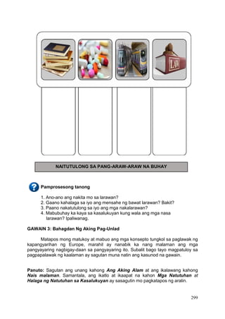 299
Pamprosesong tanong
1. Ano-ano ang nakita mo sa larawan?
2. Gaano kahalaga sa iyo ang mensahe ng bawat larawan? Bakit?
3. Paano nakatutulong sa iyo ang mga nakalarawan?
4. Mabubuhay ka kaya sa kasalukuyan kung wala ang mga nasa
larawan? Ipaliwanag.
GAWAIN 3: Bahagdan Ng Aking Pag-Unlad
Matapos mong matukoy at mabuo ang mga konsepto tungkol sa paglawak ng
kapangyarihan ng Europe, marahil ay nanabik ka nang malaman ang mga
pangyayaring nagbigay-daan sa pangyayaring ito. Subalit bago tayo magpatuloy sa
pagpapalawak ng kaalaman ay sagutan muna natin ang kasunod na gawain.
Panuto: Sagutan ang unang kahong Ang Aking Alam at ang ikalawang kahong
Nais malaman. Samantala, ang ikatlo at ikaapat na kahon Mga Natutuhan at
Halaga ng Natutuhan sa Kasalukuyan ay sasagutin mo pagkatapos ng aralin.
NAITUTULONG SA PANG-ARAW-ARAW NA BUHAY
 