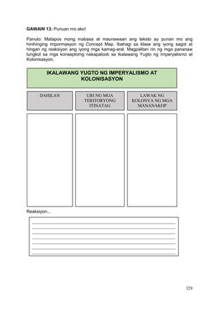 329
GAWAIN 13: Punuan mo ako!
Panuto: Matapos mong mabasa at maunawaan ang teksto ay punan mo ang
hinihinging impormasyon ng Concept Map. Ibahagi sa klase ang iyong sagot at
hingan ng reaksiyon ang iyong mga kamag-aral. Magpalitan rin ng mga pananaw
tungkol sa mga konseptomg nakapaloob sa Ikalawang Yugto ng Imperyalismo at
Kolonisasyon.
Reaksiyon...
IKALAWANG YUGTO NG IMPERYALISMO AT
KOLONISASYON
DAHILAN URI NG MGA
TERITORYONG
ITINATAG
LAWAK NG
KOLONYA NG MGA
MANANAKOP
_________________________________________________________________
_________________________________________________________________
_________________________________________________________________
_________________________________________________________________
_________________________________________________________________
_________________________________________________________________
_________________________________________________________________
__________________________________________
 