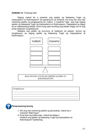 331
GAWAIN 15: Timbangin Mo!
Naging mabuti ba o masama ang epekto ng Ikalawang Yugto ng
Imperyalismo at Kolonisasyon? Sa gawaing ito ay titingnan mo kung alin ang mas
maraming epekto ng pangyayaring ito: mabuti o masama? Itala ang mga naging
epekto ng Ikalawang Yugto ng Imperyalismo at Kolonisasyon. Pagkatapos ay ilagay
ito sa nakahandang eskala. Suriin kung saan kumiling ang eskala. Ibigay mo rin ang
iyong reaksiyon sa gawaing ito.
Matapos ang palitan ng kuro-kuro at reaksiyon sa gawain, bumuo ng
kongklusyon sa naging epekto ng Ikalawang Yugto ng Imperyalismo at
Kolonisasyon.
Pamprosesong tanong
1. Alin ang mas maraming epekto ng pananakop: mabuti ba o
masama? Bakit kaya?
2. Kung ikaw ang tatanungin, mabuti ba talaga o
masama ang epekto ng Ikalawang Yugto ng Imperyalismo at
Kolonisasyon? Ipaliwanag.
IKALAWANG YUGTO NG IMPERYALISMO AT
KOLONISASYON
Kongklusyon:
__________________________________________________________________
__________________________________________________________________
__________________________________________________________________
__________________________________________________________________
 