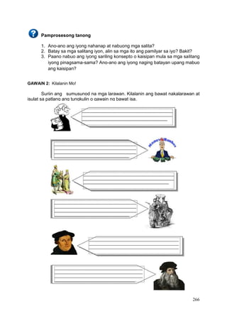 266
Pamprosesong tanong
1. Ano-ano ang iyong nahanap at nabuong mga salita?
2. Batay sa mga salitang iyon, alin sa mga ito ang pamilyar sa iyo? Bakit?
3. Paano nabuo ang iyong sariling konsepto o kaisipan mula sa mga salitang
iyong pinagsama-sama? Ano-ano ang iyong naging batayan upang mabuo
ang kaisipan?
GAWAIN 2: Kilalanin Mo!
Suriin ang sumusunod na mga larawan. Kilalanin ang bawat nakalarawan at
isulat sa patlang ang tungkulin o gawain ng bawat isa.
 