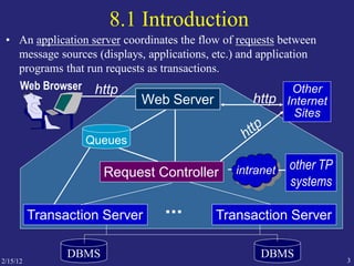2/15/12 3
8.1 Introduction
• An application server coordinates the flow of requests between
message sources (displays, applications, etc.) and application
programs that run requests as transactions.
Web Server
Request Controller
Transaction Server Transaction Server
intranet
Queues
other TP
systems
DBMS DBMS
Other
Internet
Sites
 