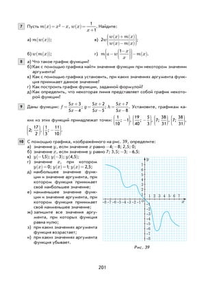 201
7 Пусть m x x x( )= −2 , w x
x
( )=
+
1
1
. Найдите:
а) m w x( )( ); в) 2w
w x m x
w x m x
( )+ ( )
( )− ( )






;
б) w m x( )( ); г) m a w
x
x
m x−
−










− ( )
1
.
8 а) Что такое график функции?
б) Как с помощью графика найти значение функции при некотором значении
аргумента?
в) Как с помощью графика установить, при каких значениях аргумента функ-
ция принимает данное значение?
г) Как построить график функции, заданной формулой?
д) Как определить, что некоторая линия представляет собой график некото-
рой функции?
9 Даны функции: f
x
x
=
+
−
5 3
5 4
; g
x
x
=
+
−
5 2
5 5
; h
x
x
=
+
−
5 7
5 8
. Установите, графикам ка-
ких из этих функций принадлежат точки:
1
10
1; −





,
19
40
5
3
; −





, 7
38
31
;





, 7
38
31
;





,
2
17
2
;





,
1
3
11
10
; −





.
10 С помощью графика, изображённого на рис. 39, определите:
а) значение y, если значение x равно -4; -8; 2,5; 0;
б) значение x, если значение y равно 7; 3,5; -3; -6 5, ;
в) y −( )15, ; y −( )3 ; y 4 5,( );
г) значение x, при котором
y x( )= 0; y x( )=1; y x( )= 2 5, ;
д) наибольшее значение функ-
ции и значение аргумента, при
котором функция принимает
своё наибольшее значение;
е) наименьшее значение функ-
ции и значение аргумента, при
котором функция принимает
своё наименьшее значение;
ж) запишите все значения аргу-
мента, при которых функция
равна нулю;
з) при каких значениях аргумента
функция возрастает;
и) при каких значениях аргумента
функция убывает.
Рис. 39
-8 -7 -6 -5 -4 -3 -2 -1
1 2 3 4 5 6 7
x
-8
-7
-6
-5
-4
-3
-2
-1
1
2
3
4
5
6
7
y
o
 