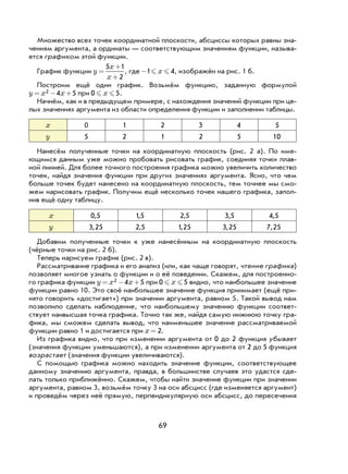 69
Множество всех точек координатной плоскости, абсциссы которых равны зна-
чениям аргумента, а ординаты — соответствующим значениям функции, называ-
ется графиком этой функции.
График функции y
x
x
=
+
+
5 1
2
, где -1 4 x , изображён на рис. 1 б.
Построим ещё один график. Возьмём функцию, заданную формулой
y x x= − +2 4 5 при 0 5 x .
Начнём, как и в предыдущем примере, с нахождения значений функции при це-
лых значениях аргумента из области определения функции и заполнении таблицы.
x 0 1 2 3 4 5
y 5 2 1 2 5 10
Нанесём полученные точки на координатную плоскость (рис. 2 а). По име-
ющимся данным уже можно пробовать рисовать график, соединяя точки плав-
ной линией. Для более точного построения графика можно увеличить количество
точек, найдя значения функции при других значениях аргумента. Ясно, что чем
больше точек будет нанесено на координатную плоскость, тем точнее мы смо-
жем нарисовать график. Получим ещё несколько точек нашего графика, запол-
нив ещё одну таблицу.
x 0 5, 15, 2 5, 3 5, 4 5,
y 3 25, 2 5, 1 25, 3 25, 7 25,
Добавим полученные точки к уже нанесённым на координатную плоскость
(чёрные точки на рис. 2 б).
Теперь нарисуем график (рис. 2 в).
Рассматривание графика и его анализ (или, как чаще говорят, чтение графика)
позволяет многое узнать о функции и о её поведении. Скажем, для построенно-
го графика функции y x x= − +2 4 5 при 0 5 x видно, что наибольшее значение
функции равно 10. Это своё наибольшее значение функция принимает (ещё при-
нято говорить «достигает») при значении аргумента, равном 5. Такой вывод нам
позволило сделать наблюдение, что наибольшему значению функции соответ-
ствует наивысшая точка графика. Точно так же, найдя самую нижнюю точку гра-
фика, мы сможем сделать вывод, что наименьшее значение рассматриваемой
функции равно 1 и достигается при x = 2.
Из графика видно, что при изменении аргумента от 0 до 2 функция убывает
(значения функции уменьшаются), а при изменении аргумента от 2 до 5 функция
возрастает (значения функции увеличиваются).
С помощью графика можно находить значение функции, соответствующее
данному значению аргумента, правда, в большинстве случаев это удастся сде-
лать только приближённо. Скажем, чтобы найти значение функции при значении
аргумента, равном 3, возьмём точку 3 на оси абсцисс (где изменяется аргумент)
и проведём через неё прямую, перпендикулярную оси абсцисс, до пересечения
 