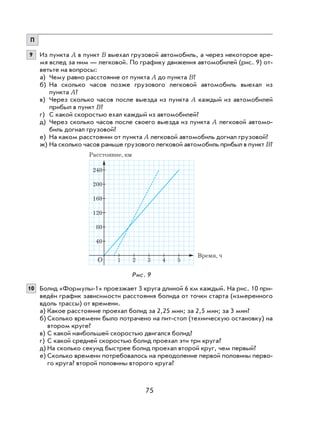 75
П
9 Из пункта А в пункт B выехал грузовой автомобиль, а через некоторое вре-
мя вслед за ним — легковой. По графику движения автомобилей (рис. 9) от-
ветьте на вопросы:
а) Чему равно расстояние от пункта А до пункта B?
б) На сколько часов позже грузового легковой автомобиль выехал из
пункта А?
в) Через сколько часов после выезда из пункта А каждый из автомобилей
прибыл в пункт B?
г) С какой скоростью ехал каждый из автомобилей?
д) Через сколько часов после своего выезда из пункта А легковой автомо-
биль догнал грузовой?
е) На каком расстоянии от пункта А легковой автомобиль догнал грузовой?
ж) На сколько часов раньше грузового легковой автомобиль прибыл в пункт B?
Рис. 9
10 Болид «Формулы-1» проезжает 3 круга длиной 6 км каждый. На рис. 10 при-
ведён график зависимости расстояния болида от точки старта (измеренного
вдоль трассы) от времени.
а) Какое расстояние проехал болид за 2,25 мин; за 2,5 мин; за 3 мин?
б) Сколько времени было потрачено на пит-стоп (техническую остановку) на
втором круге?
в) С какой наибольшей скоростью двигался болид?
г) С какой средней скоростью болид проехал эти три круга?
д) На сколько секунд быстрее болид проехал второй круг, чем первый?
е) Сколько времени потребовалось на преодоление первой половины перво-
го круга? второй половины второго круга?
1 2 3 4 5
40
80
120
160
200
240
Расстояние, км
Время, ч
O
 