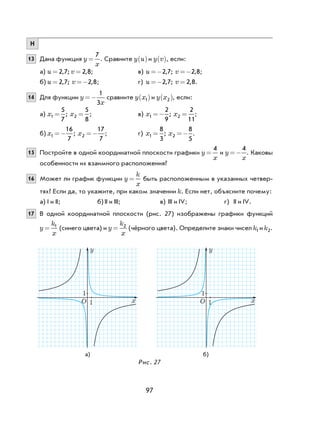 97
Н
13 Дана функция y
x
=
7
. Сравните y u( ) и y v( ), если:
а) u v= =2 7 2 8, ; , ; в) u v=− =−2 7 2 8, ; , ;
б) u v= =−2 7 2 8, ; , ; г) u v=− =2 7 2 8, ; , .
14 Для функции y
x
=−
1
3
сравните y x1( ) и y x2( ), если:
а) x x1 2
5
7
5
8
= =; ; в) x x1 2
2
9
2
11
=− =; ;
б) x x1 2
16
7
17
7
=− =−; ; г) x x1 2
8
3
8
5
= =−; .
15 Постройте в одной координатной плоскости графики y
x
=
4
и y
x
=−
4
. Каковы
особенности их взаимного расположения?
16 Может ли график функции y
k
x
= быть расположенным в указанных четвер-
тях? Если да, то укажите, при каком значении k. Если нет, объясните почему:
а) I и II; б) II и III; в) III и IV; г) II и IV.
17 В одной координатной плоскости (рис. 27) изображены графики функций
y
k
x
= 1
(синего цвета) и y
k
x
= 2
(чёрного цвета). Определите знаки чисел k1 и k2.
а) б)
Рис. 27
1 x
1
y
1 x
1
y
O O
 