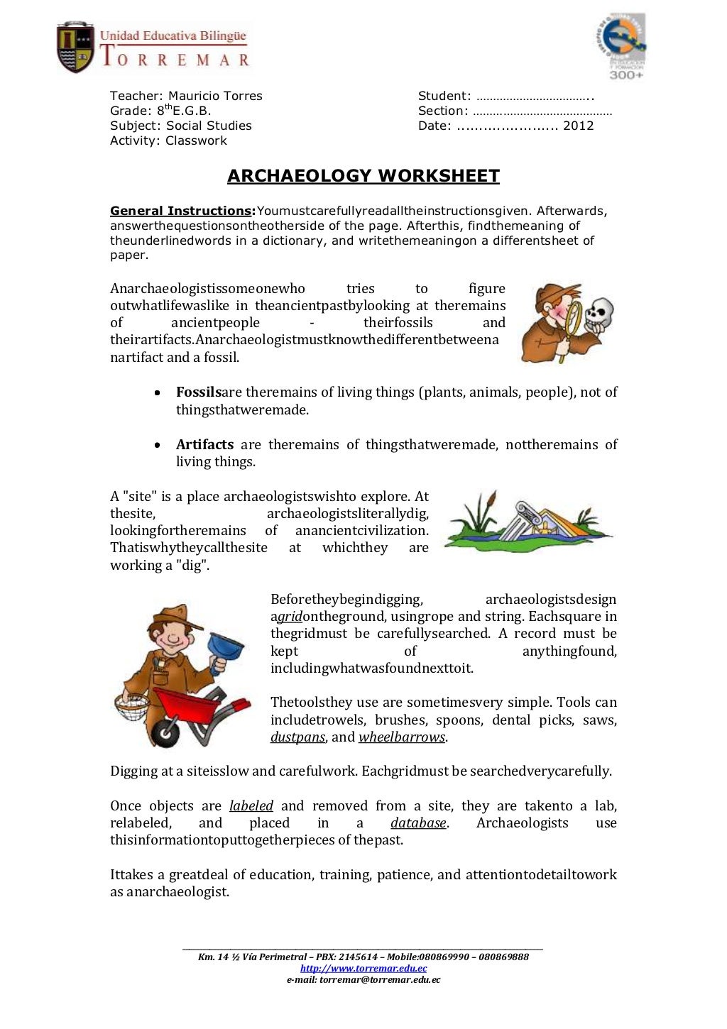 Archaeology Worksheet (classwork)