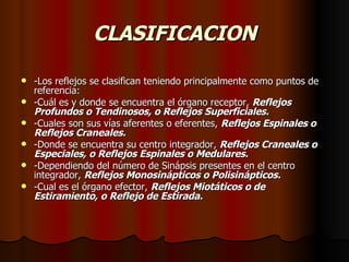CLASIFICACION -Los reflejos se clasifican teniendo principalmente como puntos de referencia:  -Cuál es y donde se encuentra el órgano receptor,  Reflejos Profundos o Tendinosos, o Reflejos Superficiales.  -Cuales son sus vías aferentes o eferentes,  Reflejos Espinales o Reflejos Craneales.  -Donde se encuentra su centro integrador,  Reflejos Craneales o Especiales, o Reflejos Espinales o Medulares.  -Dependiendo del número de Sinápsis presentes en el centro integrador,  Reflejos Monosinápticos o Polisinápticos.  -Cual es el órgano efector,  Reflejos Miotáticos o de Estiramiento, o Reflejo de Estirada.   