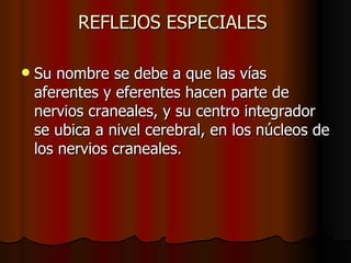 REFLEJOS ESPECIALES  Su nombre se debe a que las vías aferentes y eferentes hacen parte de nervios craneales, y su centro integrador se ubica a nivel cerebral, en los núcleos de los nervios craneales.  