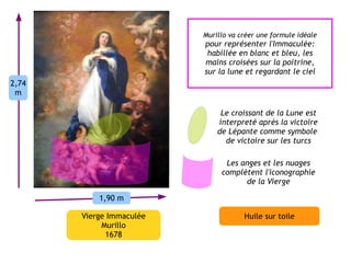 Murillo va créer une formule idéale
                          pour représenter l'Immaculée:
                           habillée en blanc et bleu, les
                          mains croisées sur la poitrine,
                          sur la lune et regardant le ciel
2,74
 m

                               Le croissant de la Lune est
                              interpreté après la victoire
                              de Lépante comme symbole
                                de victoire sur les turcs

                                Les anges et les nuages
                               complètent l'iconographie
                                     de la Vierge

           1,90 m

       Vierge Immaculée               Huile sur toile
            Murillo
             1678
 
