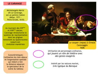 LE CARAVAGE


    Michelangelo Merisi
     dit Le Caravage,
   est un peintre italien
       (Milan, 1571 -
    Porto Ercole, 1610)



   Au tournant des XVIème
     et XVIIème siècles,
  Caravage révolutionne le
 système de représentation
      dont les origines
remontent au Quattrocento
        jusqu'à son                                    Le souper (repas) à Emaüs
    évolution maniériste                                      Caravaggio
                                                                  1606
                                Utilisation de personnages ordinaires,
                                qui jouent un rôle de théâtre avec
       Caractéristiques:
                                       des gestes exagérés
l'utilisation du clair-obscur
  et l'organisation spatiale
       qui réduit à rien
    la distance séparant           Intérêt par les natures mortes,
     le spectateur de la             très typique du Baroque
       scène du tableau
 