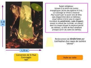 Sujet religieux:
                                      Suivant à la lettre les textes
                                évangéliques (Actes des Apôtres 9:3-4),
                                    Le Caravage se limite à montrer
                                 Paul surpris par la seule voix de Dieu
                                   (pas d'apparition dans ce tableau),
                                   cloué même à terre sous le regard
2,30                           incrédule du palefrenier, rude d'aspect,
                                tenant le cheval par la bride, un cheval,
 m
                                dont la croupe occupe la majeure partie
                                  du tableau, la tête de Paul semblant
                                   presque sortir du cadre du tableau




                                     Renforcement du ténébrisme par
                                    l'utilisation d'un rayon de lumière
                                                   “divine”


            1,75 m

       Conversion de St Paul
           Caravaggio                          Huile sur toile
               1601
 