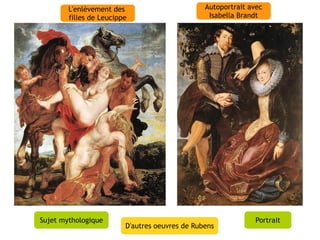 L'enlèvement des                        Autoportrait avec
        filles de Leucippe                       Isabella Brandt




Sujet mythologique                                            Portrait
                         D'autres oeuvres de Rubens
 