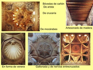 Bóvedas de cañón  De arista  De crucería  Gallonada y de nervios entrecruzados  De mocárabes  En forma de venera  Artesonado de madera 