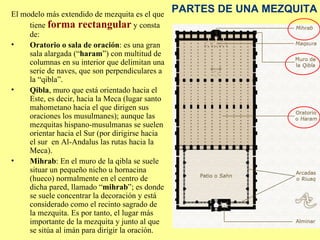 El modelo más extendido de mezquita es el que tiene  forma rectangular  y consta de: Oratorio o sala de oración : es una gran sala alargada (“ haram ”) con multitud de columnas en su interior que delimitan una serie de naves, que son perpendiculares a la “qibla”.  Qibla , muro que está orientado hacia el Este, es decir, hacia la Meca (lugar santo mahometano hacia el que dirigen sus oraciones los musulmanes); aunque las  mezquitas hispano-musulmanas se suelen orientar hacia el Sur (por dirigirse hacia el sur  en Al-Andalus las rutas hacia la Meca).  Mihrab : En el muro de la qibla se suele situar un pequeño nicho u hornacina (hueco) normalmente en el centro de dicha pared, llamado “ mihrab ”; es donde se suele concentrar la decoración y está considerado como el recinto sagrado de la mezquita. Es por tanto, el lugar más importante de la mezquita y junto al que se sitúa al imán para dirigir la oración. PARTES DE UNA MEZQUITA 