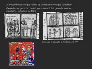 A divisão social: os que lutam, os que rezam e os que trabalham  Gens darms, gens de conseil, gens sacerdotal, gens de mestier, marchans, cultiveurs de terre Iluminuras de tradução de Aristóteles, S. XIV 