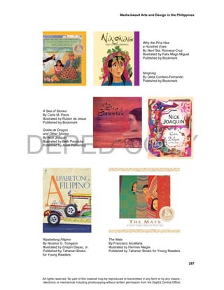 DEPED COPY
Media-based Arts and Design in the Philippines
287
Why the Piña Has
a Hundred Eyes
By Neni Sta. Romana-Cruz
Illustrated by Felix Mago Miguel
Published by Bookmark
Ningning
By Gilda Cordero-Fernando
Published by Bookmark
A Sea of Stories
By Carla M. Pacis
Illustrated by Ruben de Jesus
Published by Bookmark
Gotita de Dragon
and Other Stories
By Nick Joaquin
Illustrated by Beth Parrocha
Published by Anvil Publishing
Alpabetong Filipino The Mats
By Nicanor G. Tiongson By Francisco Arcellana
Illustrated by Crispin Dayao, Jr. Illustrated by Hermes Alegre
Published by Tahanan Books Published by Tahanan Books for Young Readers
for Young Readers
All rights reserved. No part of this material may be reproduced or transmitted in any form or by any means -
electronic or mechanical including photocopying without written permission from the DepEd Central Office.
 
