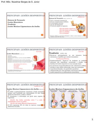 Prof. MSc. Nozelmar Borges de S. Júnior
3
PRINCIPAIS LESÕES DESPORTIVAS
Entorse de Tornozelo
Lesões Musculares
Tendinite
Lesões Menisco Ligamentares do Joelho
PRINCIPAIS LESÕES DESPORTIVAS
Entorse de Tornozelo (HAMILL e KNUTZEN, 1999)
O pé e o tornozelo consistem de:
26 ossos irregularmente moldados;
30 articulações sinoviais;
mais de 100 ligamentos;
(CANAVAN, 2001)
30 músculos agindo no segmento.
25% das lesões esportivas.
45% das lesões no basquete;
25% no voleibol;
31% no futebol.
Entorses sofridas no tornozelo predispõem o atleta a novas entorses e a sintomas
residuais em até 40% das vezes.
PRINCIPAIS LESÕES DESPORTIVAS
Lesões Musculares (SAFRAN, 2002)
Contusões;
Distensões musculares;
Síndrome de dor muscular e ocorrência retardada (SDMOR);
Contratura;
Distensão ou estiramentos de 1º grau ou de leve intensidade;
(SILVA, 2002)
Distensão ou estiramentos de 2º grau ou de moderada intensidade;
Distensão ou estiramentos de 3º grau ou de grave intensidade.
10% a 30% das lesões esportivas.
26,4% Corridas;
14,7% Saltos;
5,5% Chutes;
4,4% Traumas Diretos.
Os membros inferiores foram o segmento mais acometido, com 83,5%, sendo que a coxa foi
responsável por 61,5% das lesões.
PRINCIPAIS LESÕES DESPORTIVAS
Tendinite (LEWIN, 1989)
Devem-se principalmente ao uso excessivo destas
estruturas, e também por contato traumático.
>% Traumas Diretos;
Tradicionalmente chama se de tendinite as condições
(SILVA, 2002)
Tradicionalmente, chama-se de tendinite as condições
dolorosas não específicas, envolvendo o tendão, suas
bainhas de tecido conjuntivo ou sua inserção óssea.
As estruturas musculotendinosas são vulneráveis a falhas
devidas a uma súbita sobrecarga, como nas contrações
musculares forçadas, em particular quando já
enfraquecidas por uma patologia concorrente (distúrbios do
tecido conjuntivo) ou medicamento (esteróides).
PRINCIPAIS LESÕES DESPORTIVAS
Lesões Menisco Ligamentares do Joelho (BOSCHIN, et al
2002)
O joelho é particularmente suscetível á lesão traumática
porque está localizado nas extremidades de dois longos
braços de alavancas, a tíbia e o fêmur.
É
(Carazzato et al, 1992)
É certamente a articulação em geral mais exposta do
esportista.
23,44% das lesões ocorridas entre 7 a cada 10
modalidades ocorre no joelho;
38,16% são lesões Menisco Ligamentares
O LCA representa 50% de todas as rupturas completas de
ligamentos do joelho.
PRINCIPAIS LESÕES DESPORTIVAS
Lesões Menisco Ligamentares do Joelho
 