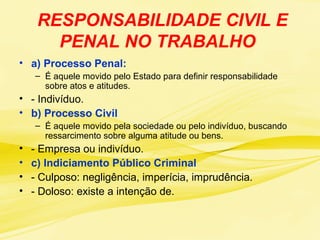RESPONSABILIDADE CIVIL E
PENAL NO TRABALHO
• a) Processo Penal:
– É aquele movido pelo Estado para definir responsabilidade
sobre atos e atitudes.
• - Indivíduo.
• b) Processo Civil
– É aquele movido pela sociedade ou pelo indivíduo, buscando
ressarcimento sobre alguma atitude ou bens.
• - Empresa ou indivíduo.
• c) Indiciamento Público Criminal
• - Culposo: negligência, imperícia, imprudência.
• - Doloso: existe a intenção de.
 