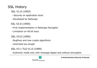 SSL History
 SSL V1.0 (1993)
  •   Security on application level
  • Developed     by Netscape

 SSL V2.0 (1994)
  • First   implementation in Netscape Navigator
  • Limitation   on 40 bit keys

 SSL V3.0 (1995)
  • Bugfixes    and new crypto algorithms
  • Unlimited    key length

 SSL V3.1 TLS V1.0 (1999)
  • Authentic    mode only with message digest and without encryption

                                                   8 Authentication/Security Protocols
 