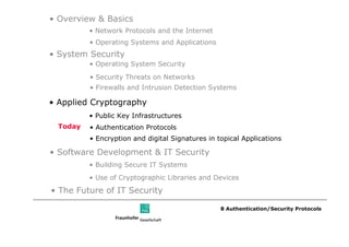 • Overview & Basics
          • Network Protocols and the Internet
          • Operating Systems and Applications
• System Security
          • Operating System Security
          • Security Threats on Networks
          • Firewalls and Intrusion Detection Systems

• Applied Cryptography
          • Public Key Infrastructures
  Today   • Authentication Protocols
          • Encryption and digital Signatures in topical Applications

• Software Development & IT Security
          • Building Secure IT Systems
          • Use of Cryptographic Libraries and Devices
• The Future of IT Security

                                                  8 Authentication/Security Protocols
 