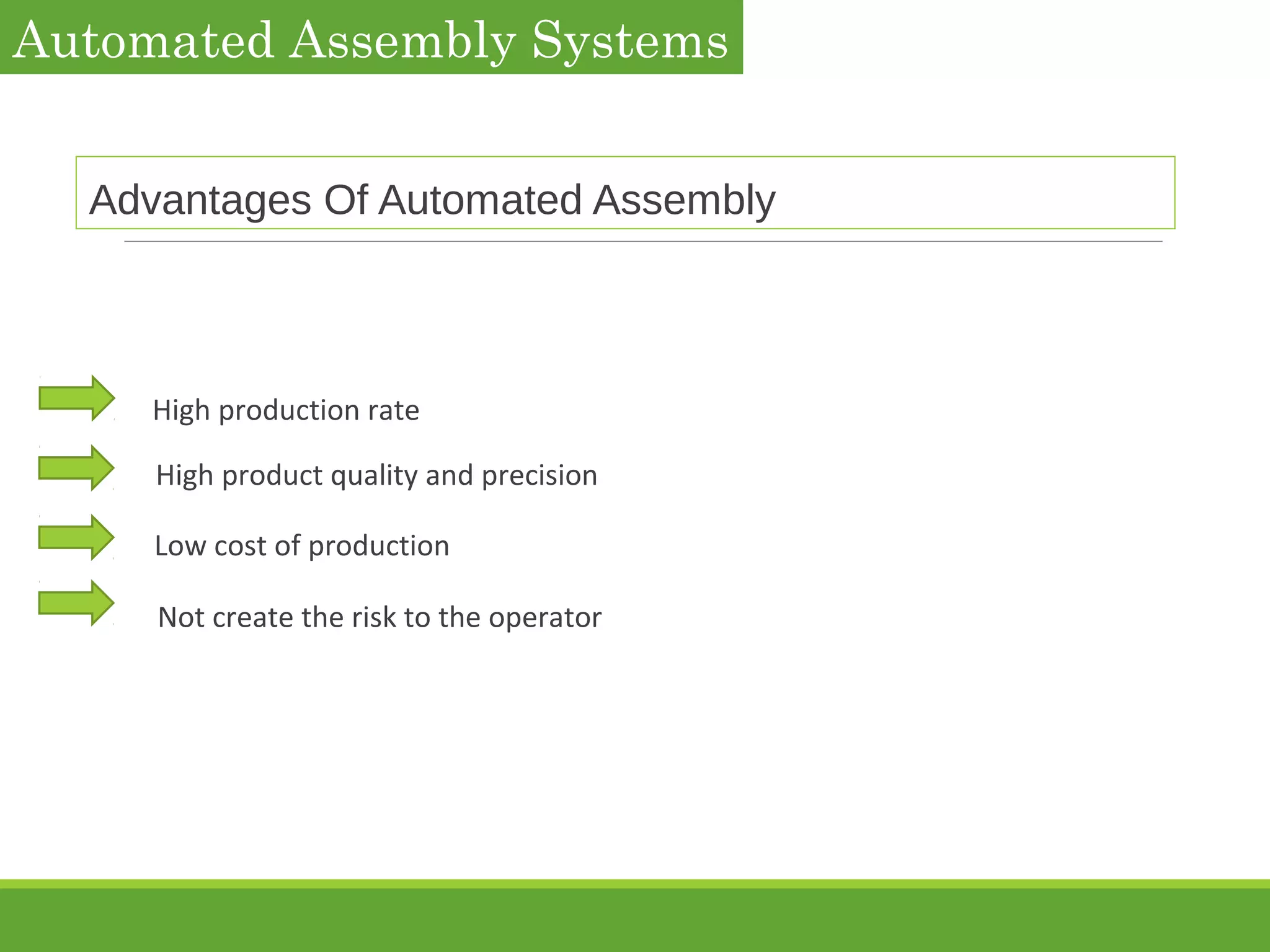 Advantages Of Automated Assembly
Automated Assembly Systems
High production rate
High product quality and precision
Low cost of production
Not create the risk to the operator
 