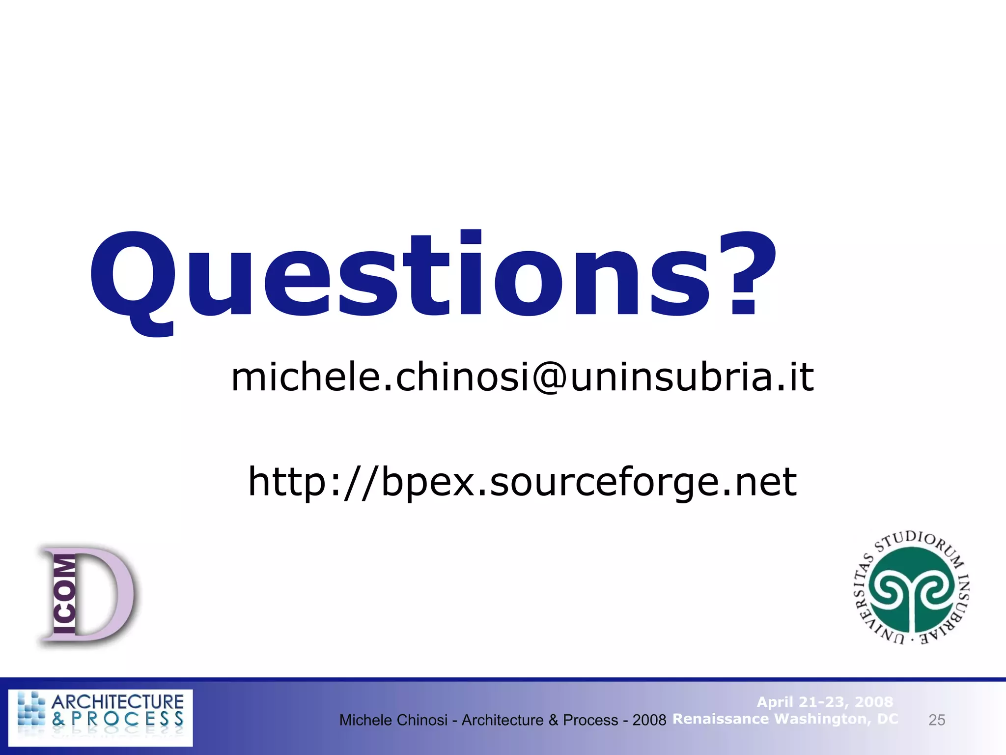 Questions? [email_address] http://bpex.sourceforge.net Michele Chinosi - Architecture & Process - 2008 