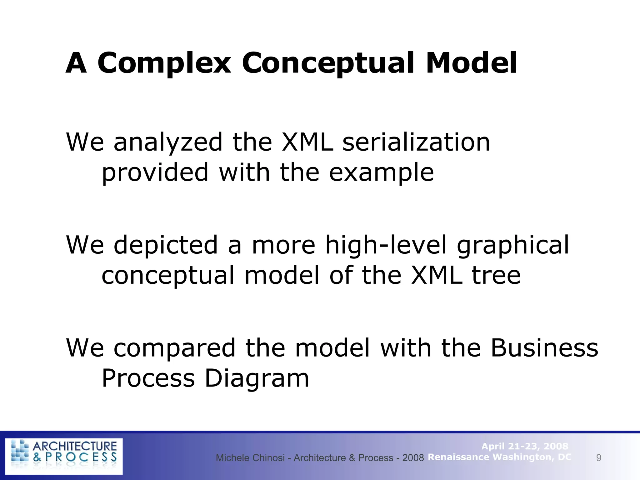 A Complex Conceptual Model We analyzed the XML serialization provided with the example We depicted a more high-level graphical conceptual model of the XML tree We compared the model with the Business Process Diagram Michele Chinosi - Architecture & Process - 2008 