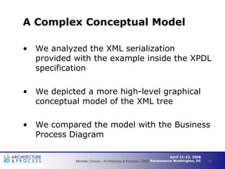 A Complex Conceptual Model

•   We analyzed the XML serialization
    provided with the example inside the XPDL
    specif...