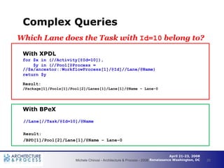 Complex Queries
Which Lane does the Task with Id=10 belong to?

 With XPDL
 for $x in (//Activity[@Id=10]),
     $y in (//...