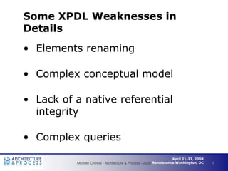 Some XPDL Weaknesses in
Details
• Elements renaming

• Complex conceptual model

• Lack of a native referential
  integrit...