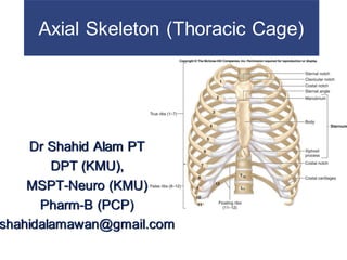 Axial Skeleton (Thoracic Cage)
Dr Shahid Alam PT
DPT (KMU),
MSPT-Neuro (KMU)
Pharm-B (PCP)
shahidalamawan@gmail.com
 