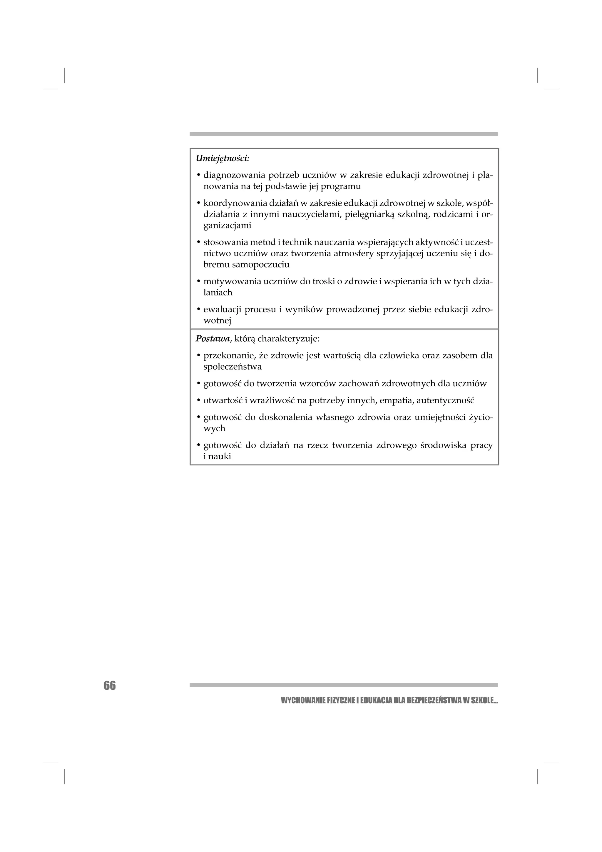 Umiejętności:
     • diagnozowania potrzeb uczniów w zakresie edukacji zdrowotnej i pla-
       nowania na tej podstawie jej programu
     • koordynowania działań w zakresie edukacji zdrowotnej w szkole, współ-
       działania z innymi nauczycielami, pielęgniarką szkolną, rodzicami i or-
       ganizacjami
     • stosowania metod i technik nauczania wspierających aktywność i uczest-
       nictwo uczniów oraz tworzenia atmosfery sprzyjającej uczeniu się i do-
       bremu samopoczuciu
     • motywowania uczniów do troski o zdrowie i wspierania ich w tych dzia-
       łaniach
     • ewaluacji procesu i wyników prowadzonej przez siebie edukacji zdro-
       wotnej
     Postawa, którą charakteryzuje:
     • przekonanie, że zdrowie jest wartością dla człowieka oraz zasobem dla
       społeczeństwa
     • gotowość do tworzenia wzorców zachowań zdrowotnych dla uczniów
     • otwartość i wrażliwość na potrzeby innych, empatia, autentyczność
     • gotowość do doskonalenia własnego zdrowia oraz umiejętności życio-
       wych
     • gotowość do działań na rzecz tworzenia zdrowego środowiska pracy
       i nauki




66
                         WYCHOWANIE FIZYCZNE I EDUKACJA DLA BEZPIECZEŃSTWA W SZKOLE...
 