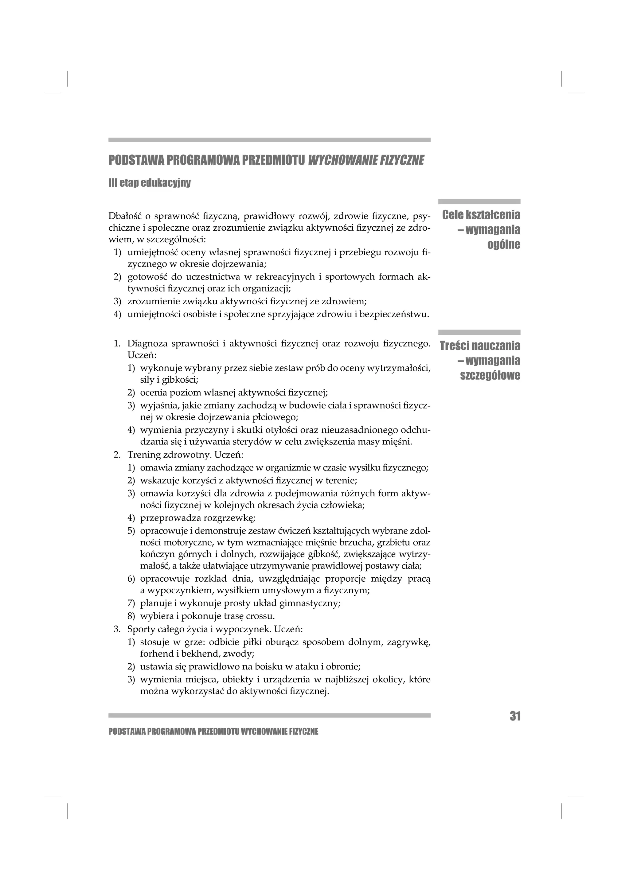 PODSTAWA PROGRAMOWA PRZEDMIOTU WYCHOWANIE FIZYCZNE
III etap edukacyjny


Dbałość o sprawność ﬁzyczną, prawidłowy rozwój, zdrowie ﬁzyczne, psy-         Cele kształcenia
chiczne i społeczne oraz zrozumienie związku aktywności ﬁzycznej ze zdro-        – wymagania
wiem, w szczególności:
                                                                                       ogólne
 1) umiejętność oceny własnej sprawności ﬁzycznej i przebiegu rozwoju ﬁ-
    zycznego w okresie dojrzewania;
 2) gotowość do uczestnictwa w rekreacyjnych i sportowych formach ak-
    tywności ﬁzycznej oraz ich organizacji;
 3) zrozumienie związku aktywności ﬁzycznej ze zdrowiem;
 4) umiejętności osobiste i społeczne sprzyjające zdrowiu i bezpieczeństwu.


 1. Diagnoza sprawności i aktywności ﬁzycznej oraz rozwoju ﬁzycznego.         Treści nauczania
    Uczeń:
                                                                                 – wymagania
    1) wykonuje wybrany przez siebie zestaw prób do oceny wytrzymałości,
       siły i gibkości;                                                           szczegółowe
    2) ocenia poziom własnej aktywności ﬁzycznej;
    3) wyjaśnia, jakie zmiany zachodzą w budowie ciała i sprawności ﬁzycz-
       nej w okresie dojrzewania płciowego;
    4) wymienia przyczyny i skutki otyłości oraz nieuzasadnionego odchu-
       dzania się i używania sterydów w celu zwiększenia masy mięśni.
 2. Trening zdrowotny. Uczeń:
    1) omawia zmiany zachodzące w organizmie w czasie wysiłku ﬁzycznego;
    2) wskazuje korzyści z aktywności ﬁzycznej w terenie;
    3) omawia korzyści dla zdrowia z podejmowania różnych form aktyw-
       ności ﬁzycznej w kolejnych okresach życia człowieka;
    4) przeprowadza rozgrzewkę;
    5) opracowuje i demonstruje zestaw ćwiczeń kształtujących wybrane zdol-
       ności motoryczne, w tym wzmacniające mięśnie brzucha, grzbietu oraz
       kończyn górnych i dolnych, rozwijające gibkość, zwiększające wytrzy-
       małość, a także ułatwiające utrzymywanie prawidłowej postawy ciała;
    6) opracowuje rozkład dnia, uwzględniając proporcje między pracą
       a wypoczynkiem, wysiłkiem umysłowym a ﬁzycznym;
    7) planuje i wykonuje prosty układ gimnastyczny;
    8) wybiera i pokonuje trasę crossu.
 3. Sporty całego życia i wypoczynek. Uczeń:
    1) stosuje w grze: odbicie piłki oburącz sposobem dolnym, zagrywkę,
       forhend i bekhend, zwody;
    2) ustawia się prawidłowo na boisku w ataku i obronie;
    3) wymienia miejsca, obiekty i urządzenia w najbliższej okolicy, które
       można wykorzystać do aktywności ﬁzycznej.

                                                                                           31
PODSTAWA PROGRAMOWA PRZEDMIOTU WYCHOWANIE FIZYCZNE
 