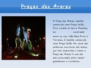 Praças das Araras A Praça das Araras, também conhecida como Praça União, fica situada no bairro Amambaí, em  Campo Grande . Localizada entre as ruas João Rosa Pires e Terrenos, é também conhecida como Praça União. Por causa das polêmicas esculturas das araras, que lhes emprestam o nome, a Praça das Araras é uma das mais procuradas pelos campo-grandenses e visitantes. 