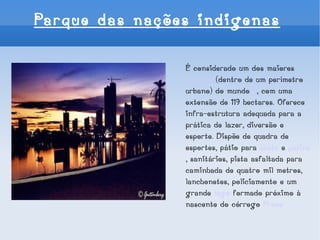 Parque das nações indigenas É considerado um dos maiores  parques  (dentro de um perímetro urbano) do mundo [1] , com uma extensão de 119 hectares. Oferece infra-estrutura adequada para a prática de lazer, diversão e esporte. Dispõe de quadra de esportes, pátio para  skate  e  patins , sanitários, pista asfaltada para caminhada de quatro mil metros, lanchonetes, policiamento e um grande  lago  formado próximo à nascente do córrego  Prosa 