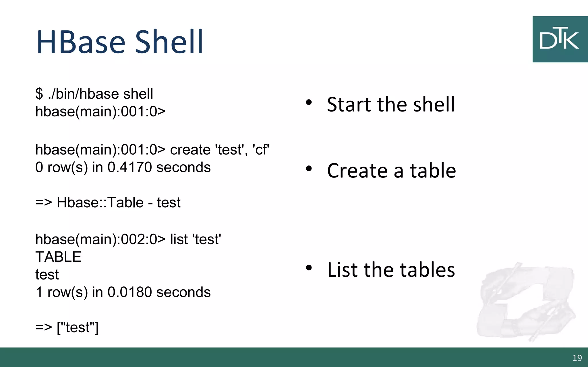 HBase Shell • Start the shell • Create a table • List the tables 19 $ ./bin/hbase shell hbase(main):001:0> hbase(main):001:0> create 'test', 'cf' 0 row(s) in 0.4170 seconds => Hbase::Table - test hbase(main):002:0> list 'test' TABLE test 1 row(s) in 0.0180 seconds => ["test"] 
