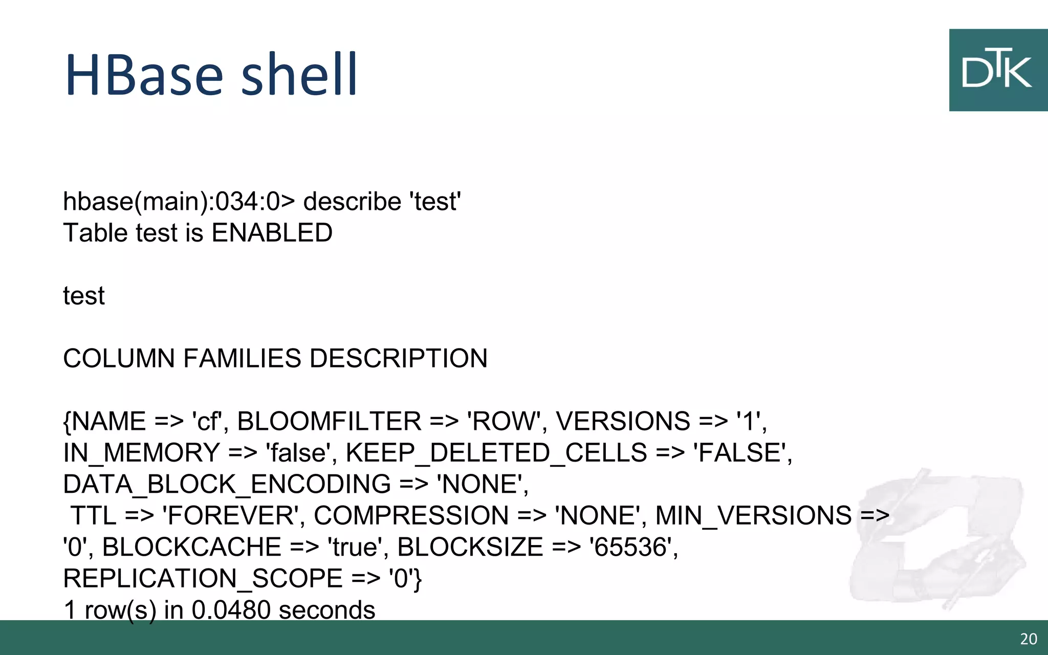 HBase shell 20 hbase(main):034:0> describe 'test' Table test is ENABLED test COLUMN FAMILIES DESCRIPTION {NAME => 'cf', BLOOMFILTER => 'ROW', VERSIONS => '1', IN_MEMORY => 'false', KEEP_DELETED_CELLS => 'FALSE', DATA_BLOCK_ENCODING => 'NONE', TTL => 'FOREVER', COMPRESSION => 'NONE', MIN_VERSIONS => '0', BLOCKCACHE => 'true', BLOCKSIZE => '65536', REPLICATION_SCOPE => '0'} 1 row(s) in 0.0480 seconds 