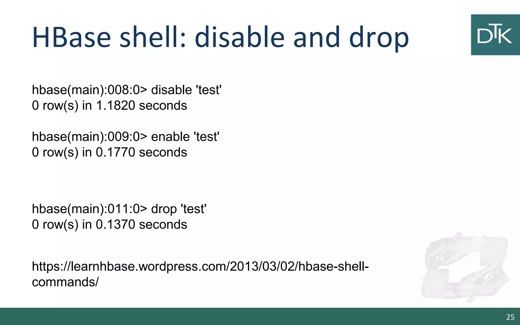 HBase shell: disable and drop 25 hbase(main):008:0> disable 'test' 0 row(s) in 1.1820 seconds hbase(main):009:0> enable 'test' 0 row(s) in 0.1770 seconds hbase(main):011:0> drop 'test' 0 row(s) in 0.1370 seconds https://learnhbase.wordpress.com/2013/03/02/hbase-shell- commands/ 