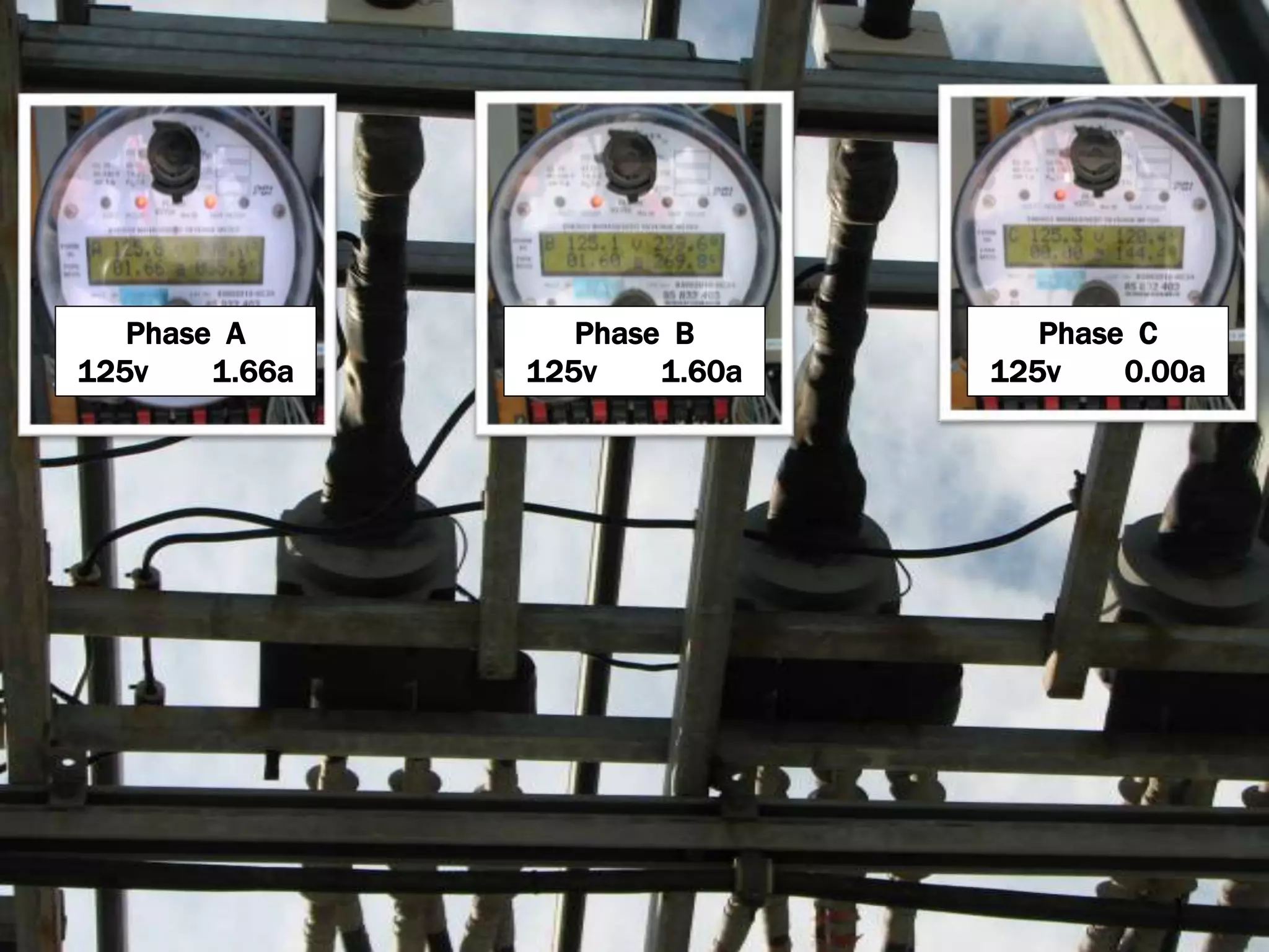 Phase A
125v 1.66a
Phase B
125v 1.60a
Phase C
125v 0.00a
 