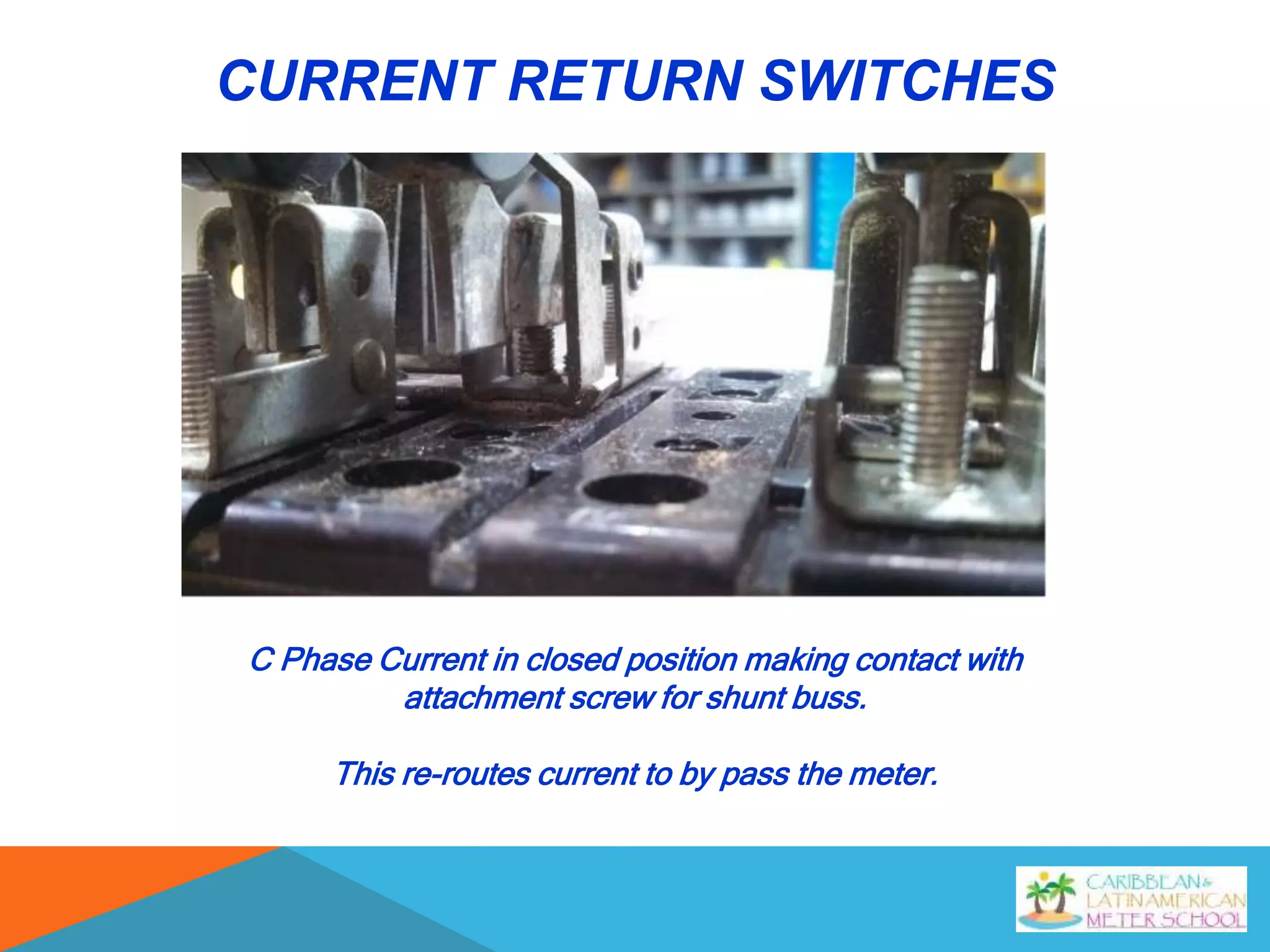 CURRENT RETURN SWITCHES
C Phase Current in closed position making contact with
attachment screw for shunt buss.
This re-routes current to by pass the meter.
 