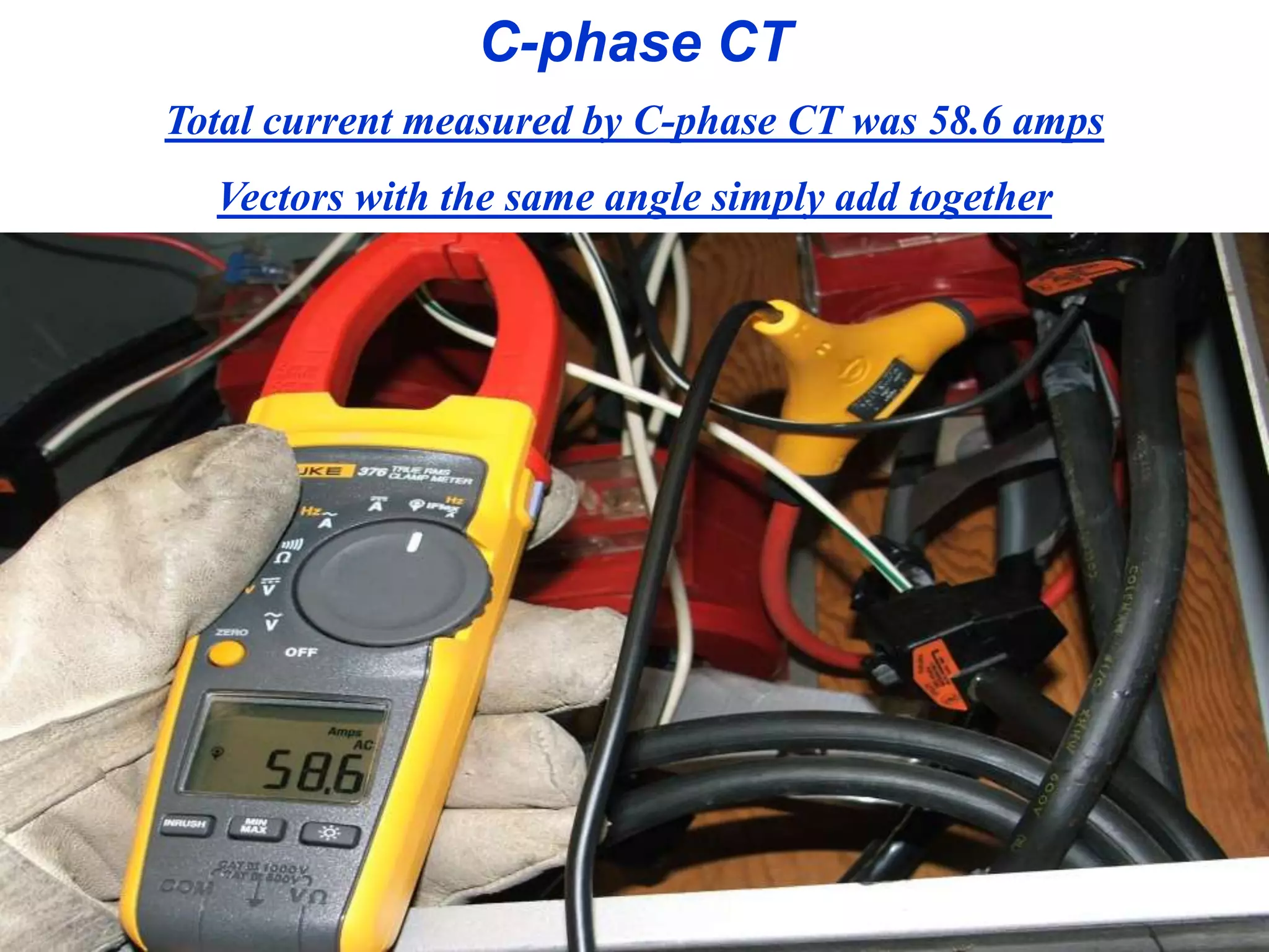 C-phase CT
Total current measured by C-phase CT was 58.6 amps
Vectors with the same angle simply add together
 