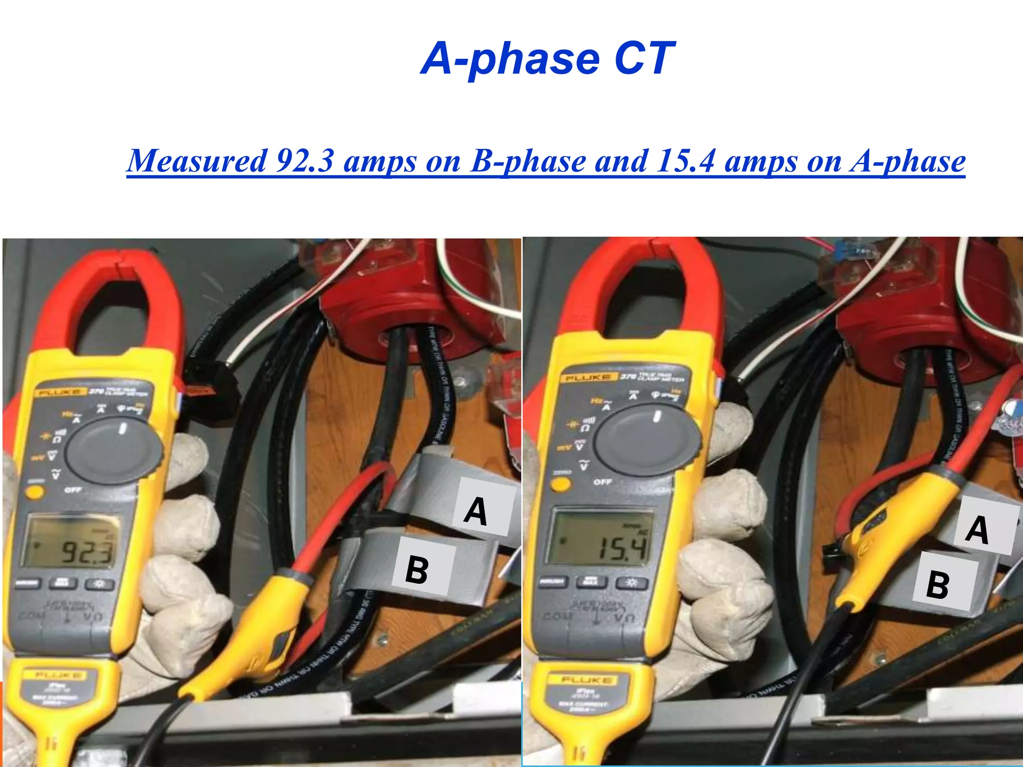 A-phase CT
Measured 92.3 amps on B-phase and 15.4 amps on A-phase
 