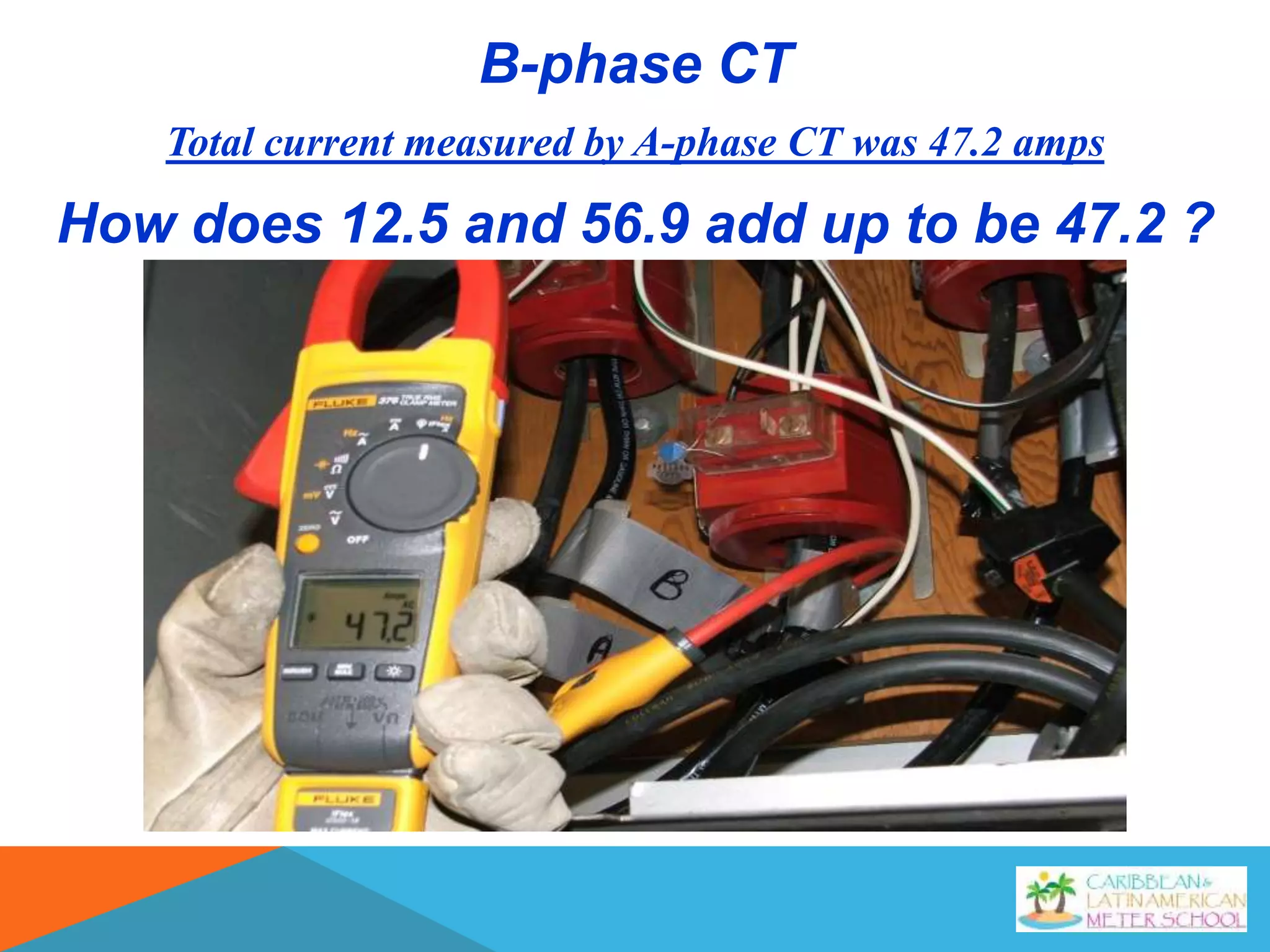 B-phase CT
Total current measured by A-phase CT was 47.2 amps
How does 12.5 and 56.9 add up to be 47.2 ?
 